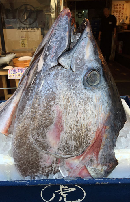 Many vendors display fish heads in front of their stands to show their products are fresh.