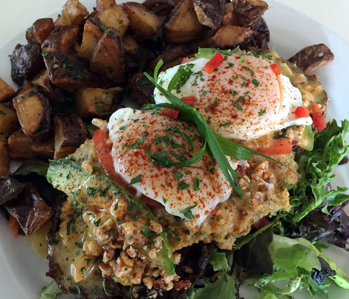 The Mediterranean eggs benedict ($13.95) comes with an assortment of nuts, avocado, garlic and basil roasted hummus. Who knew that veggies could be this tasty?