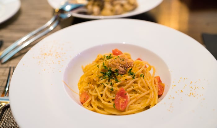Chef’s Special Uni Pasta - Fresh sea urchin, bottarga, spaghetti, non-dairy house sauce ($38)