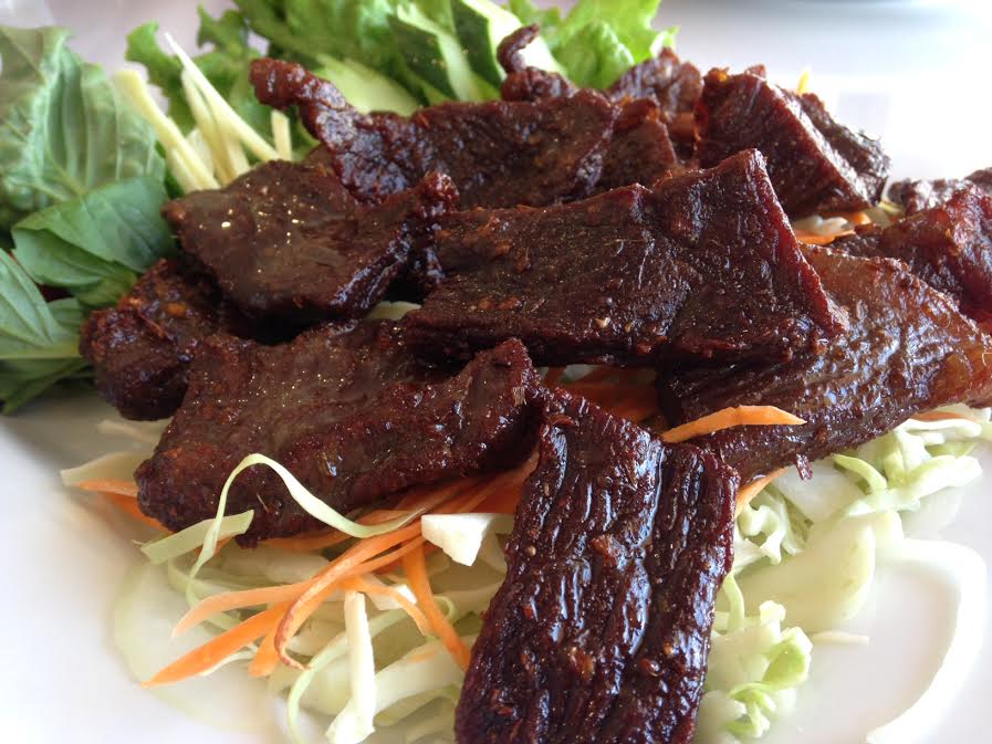 Beef jerky - homemade, deep-fried and served on a bed of cabbage. This was a totally different take on jerky with flavors of chili and lemongrass, so delicious. 