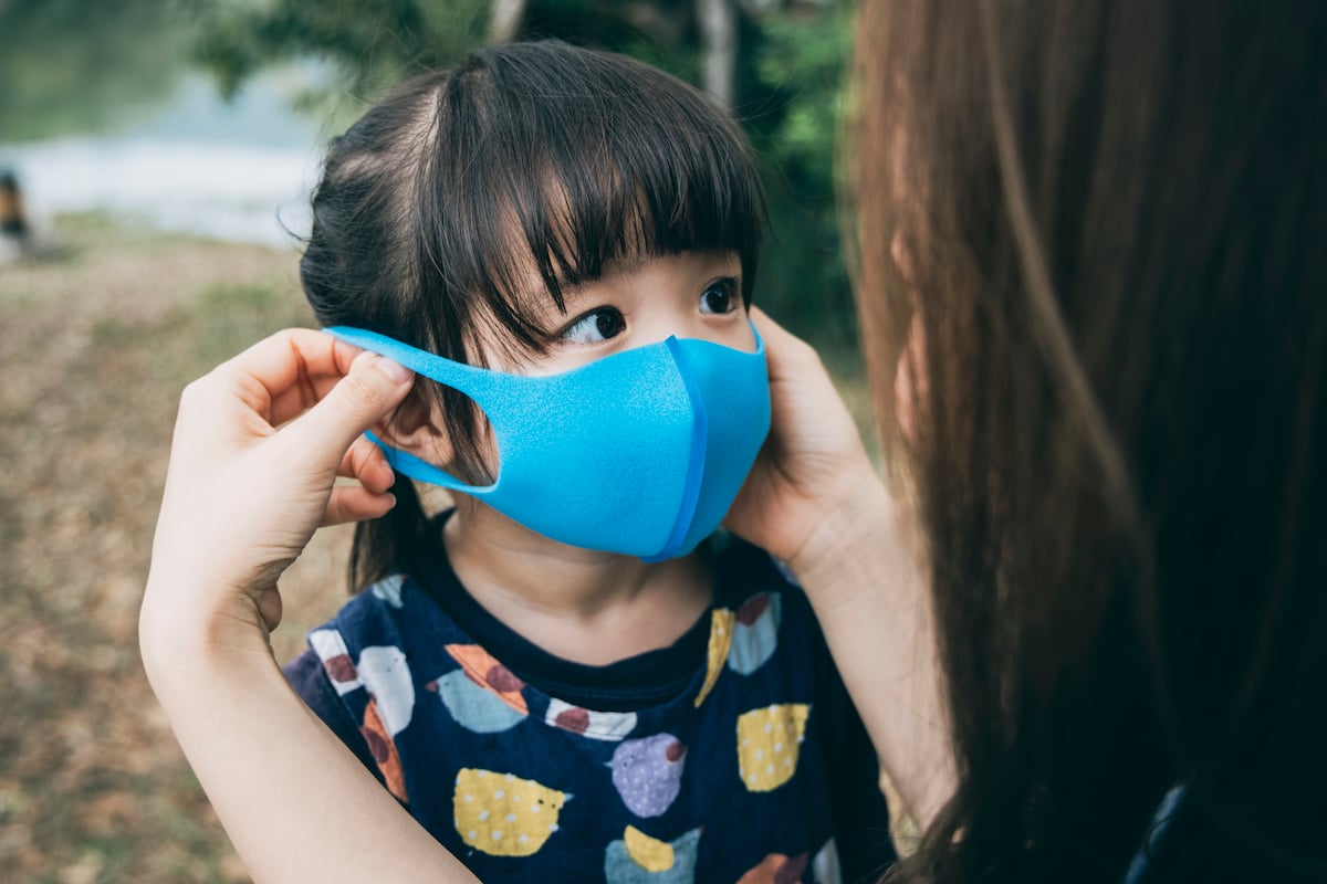 Mother Putting On Surgical Mask For Little Daughter In The Park To Prevent The Spread Of Cold And Flu And Viruses
