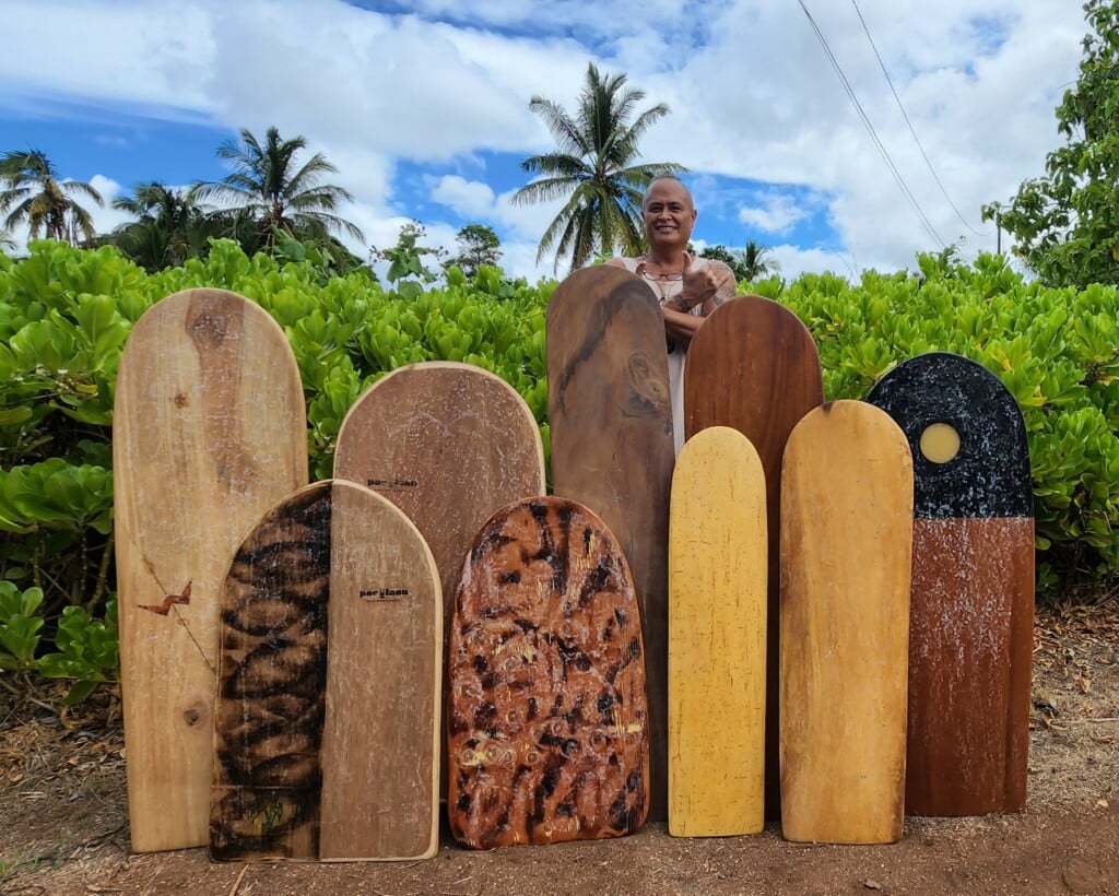 wooden surfboard exhibit for Bishop Museum Festival