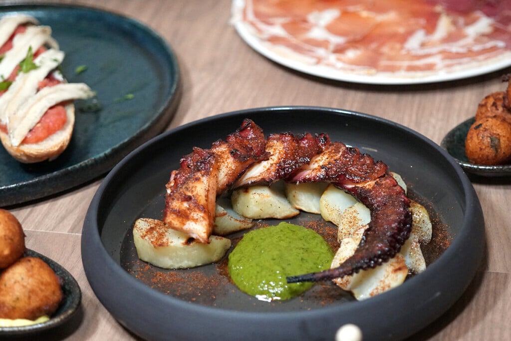 grilled Octopus tentacle on a black plate