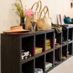 Row of product shelves in boutique