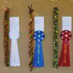 row of hanging lei and prize ribbons