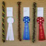 row of hanging lei and prize ribbons