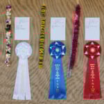 row of hanging lei with prize ribbons