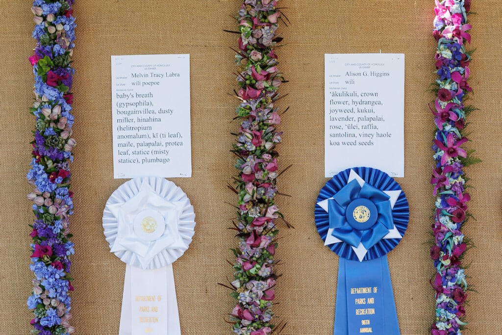 hanging lei with prize ribbons