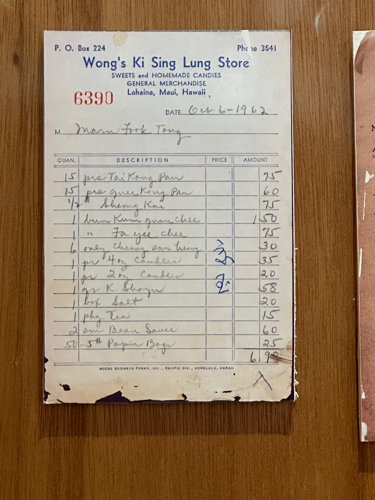 A Receipt From The Wongs Ki Sing Lung General Store