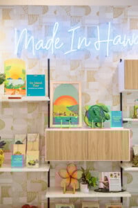 store display with tropical and wood art