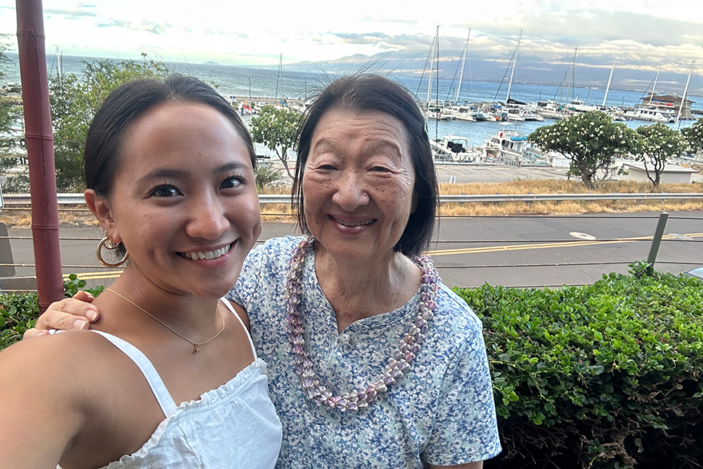 Haileys Sister Rylie And Their Grandma Jean With The Crown Flower Lei