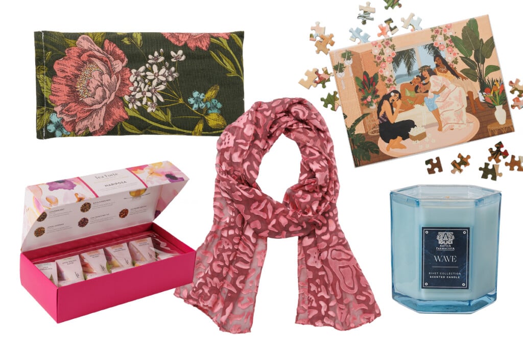 eye pillow, puzzle, scarf, candle, tea set