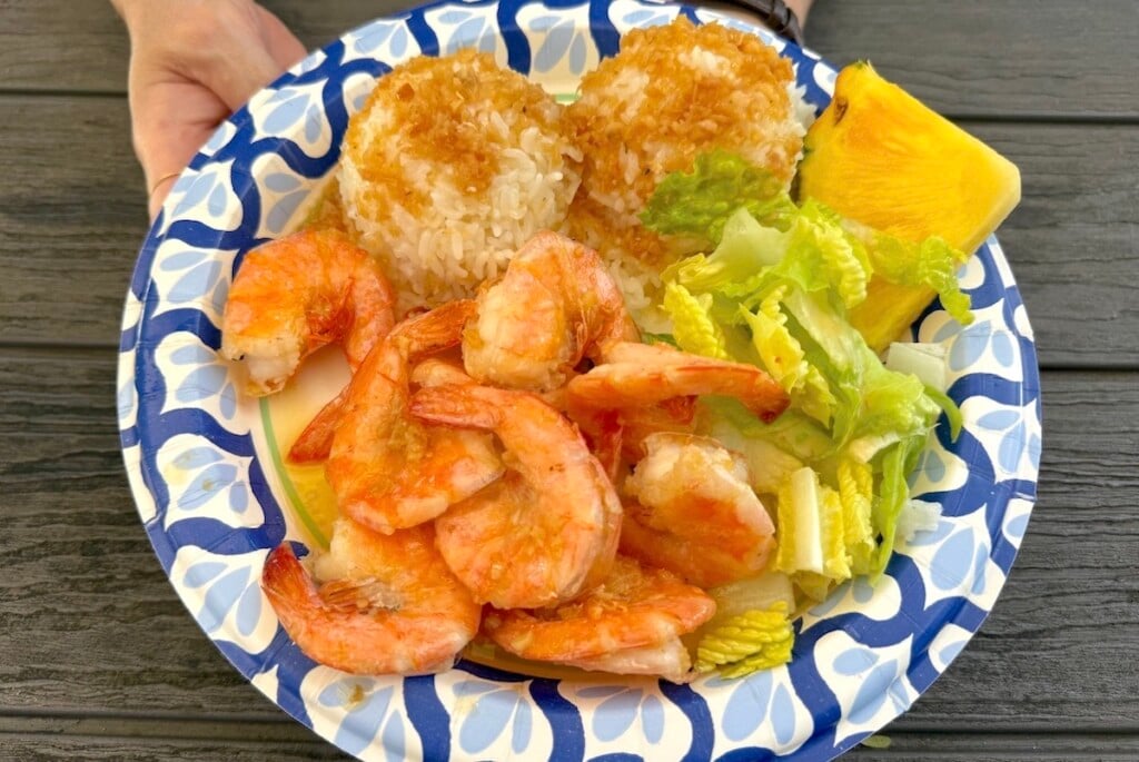 round plate with garlic shrimp and salad