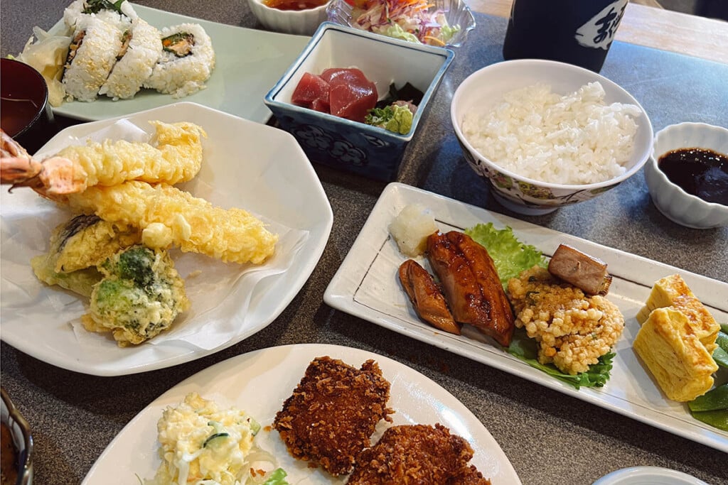 Variety of Japanese dishes on tabletop