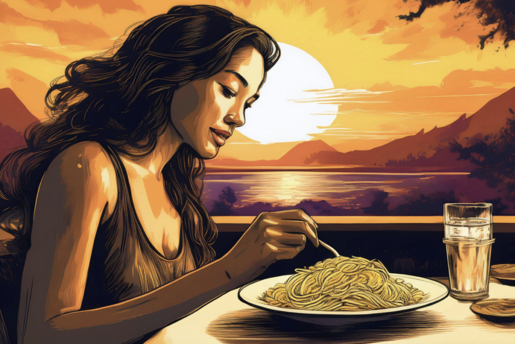 Image of long-haired woman eating a plate of pasta