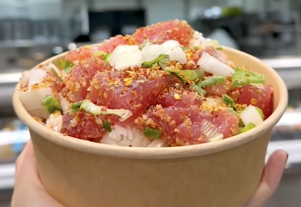 closeup of takeout poke bowl