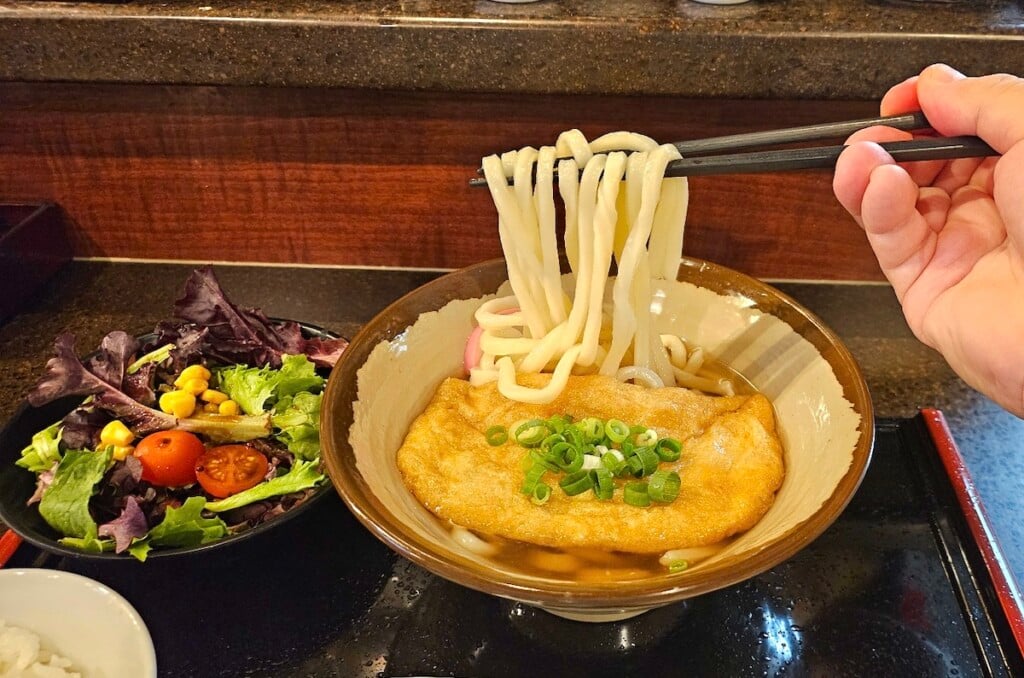 chopsticks pulling udon noodles