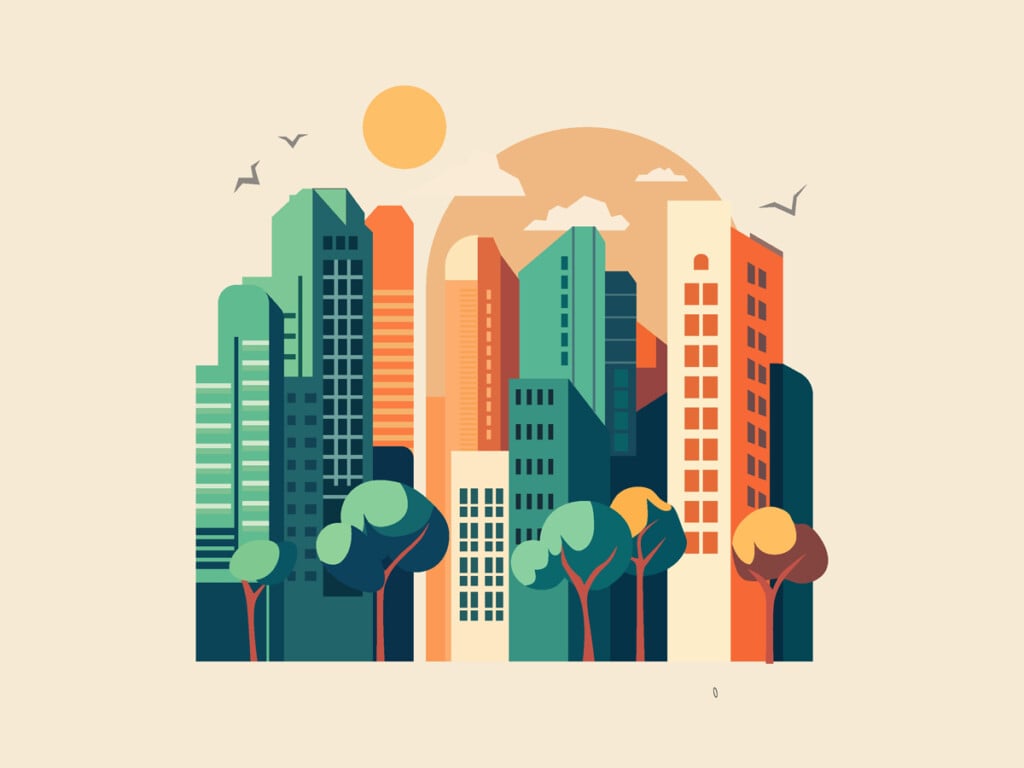 Vector Illustration In Simple Minimalistic Geometric Flat Style Cityscape With Buildings And Trees.