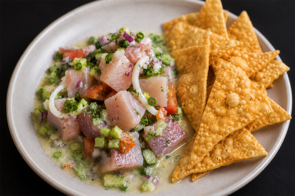 Tahitian Style Poisson Cru With Wonton Chips Nicos Pier 38