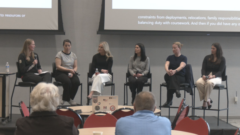 From left to right: Event Host Danelle Wolnik, Chief Master Sergeant Kari Appletoft, Chief Master Sergeant Erica Carruth, Jamie Fuglestad, Chief Warrant Officer Five Kiley Kuntz, and Second Lieutenant Casey Rolle.