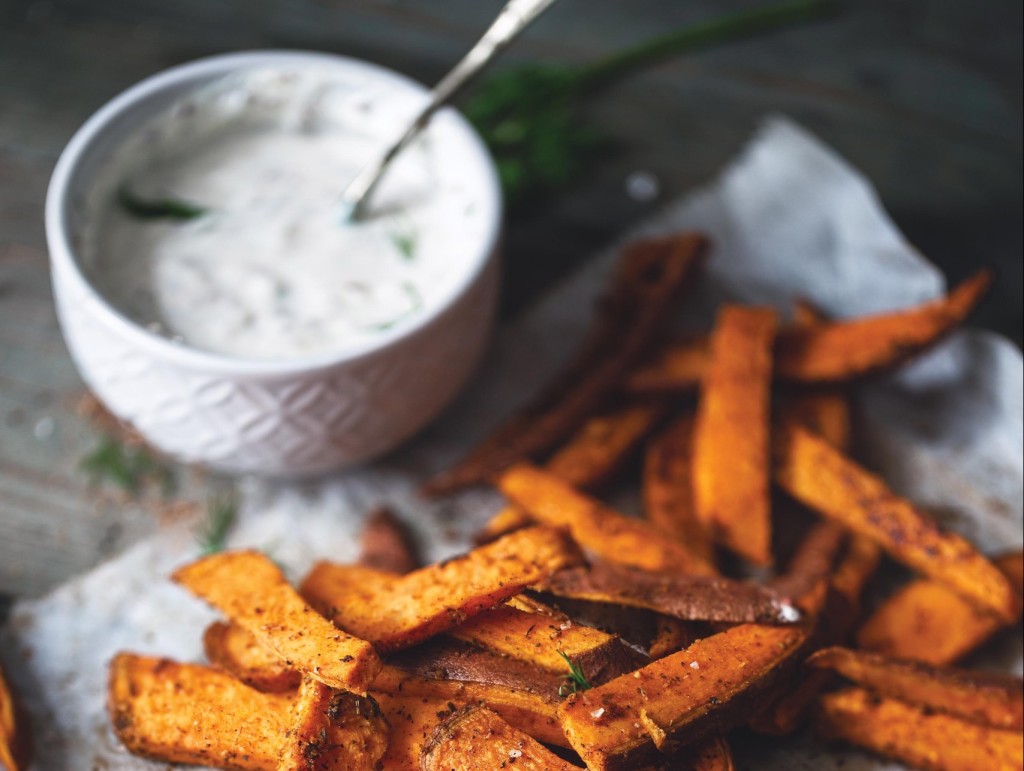 Sweet Potato Fries With Cajun Spices And Yogurt And Dill Sauce