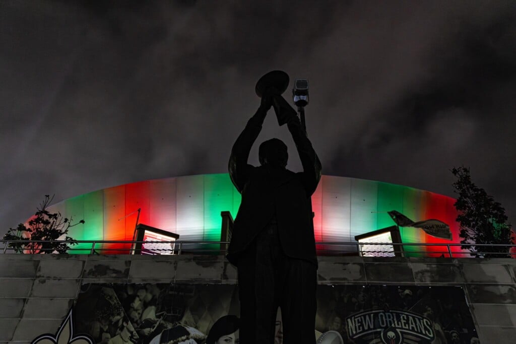 Caesars Supedome lit up with green, red and white in honor of Saints receiving marketing rights in Italy