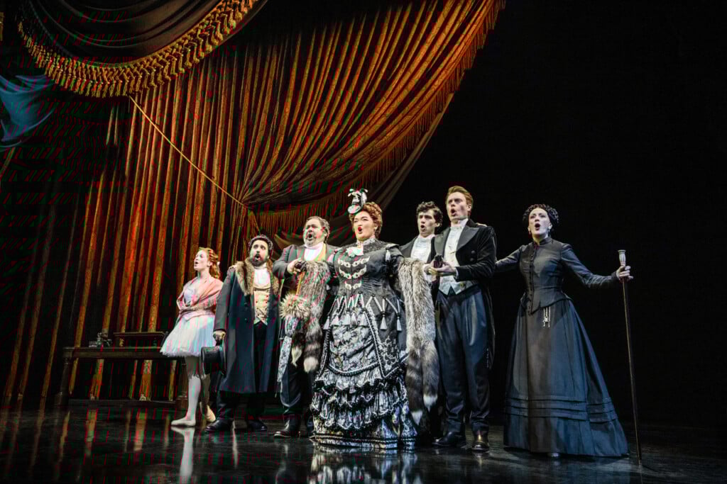 "Prima Donna" from The "Phantom of the Opera" North American Tour. (L to R) Melo Ludwig, Christopher Bozeka, William Thomas Evans, Midori Marsh, Daniel Lopez, Carrington Vilmont, Lisa Vroman