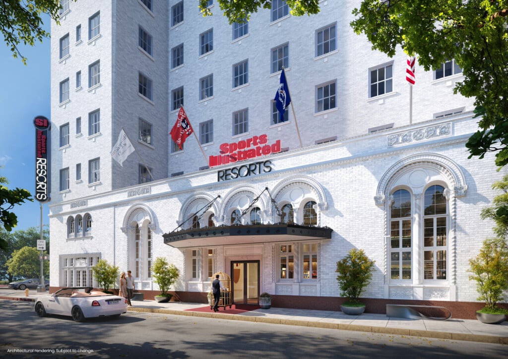 Baton Rouge Sports Illustrated Resort Rendering C3: Street-view mockup of front door side of new resort