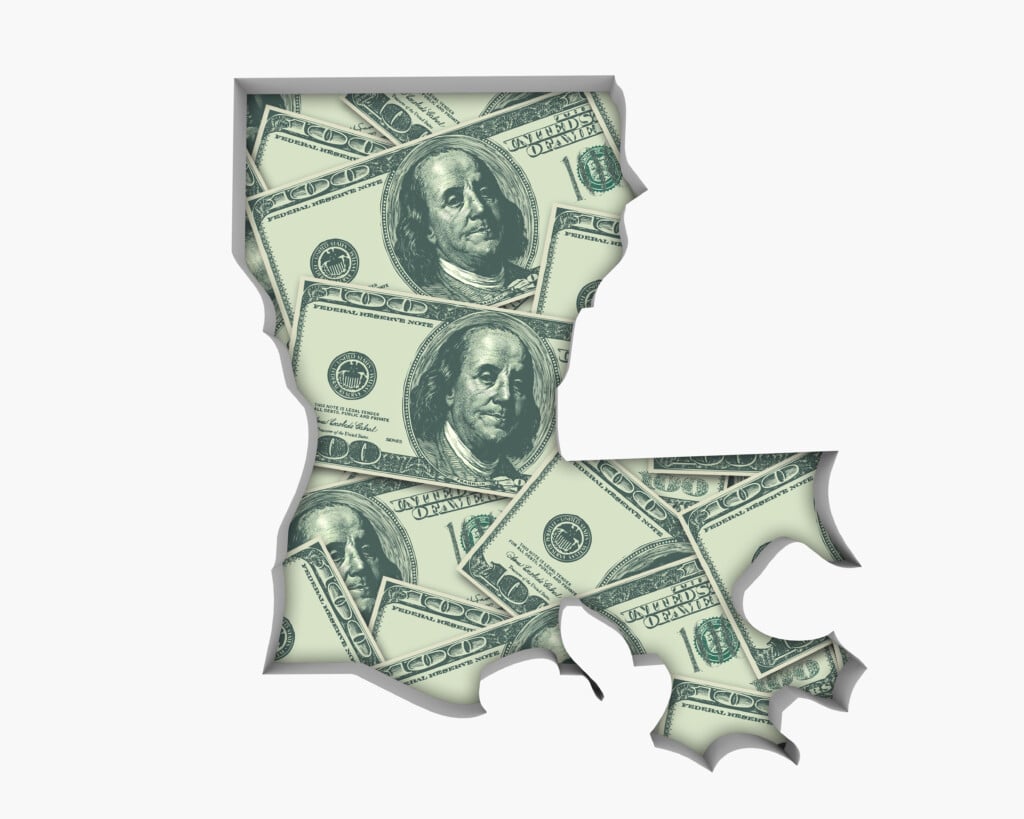 Louisiana State Illustration with state shape covered in $100 bills