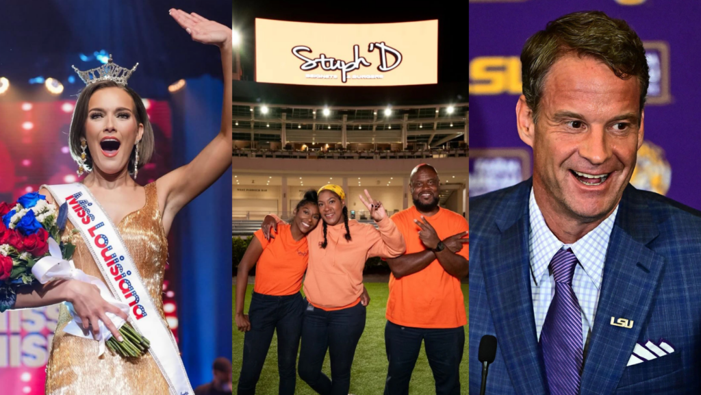 National Spotlights and Connections to Louisiana Compilation Featured Image showing Miss Louisiana, Stuph'D team and LSU Coach Lane Kiffin
