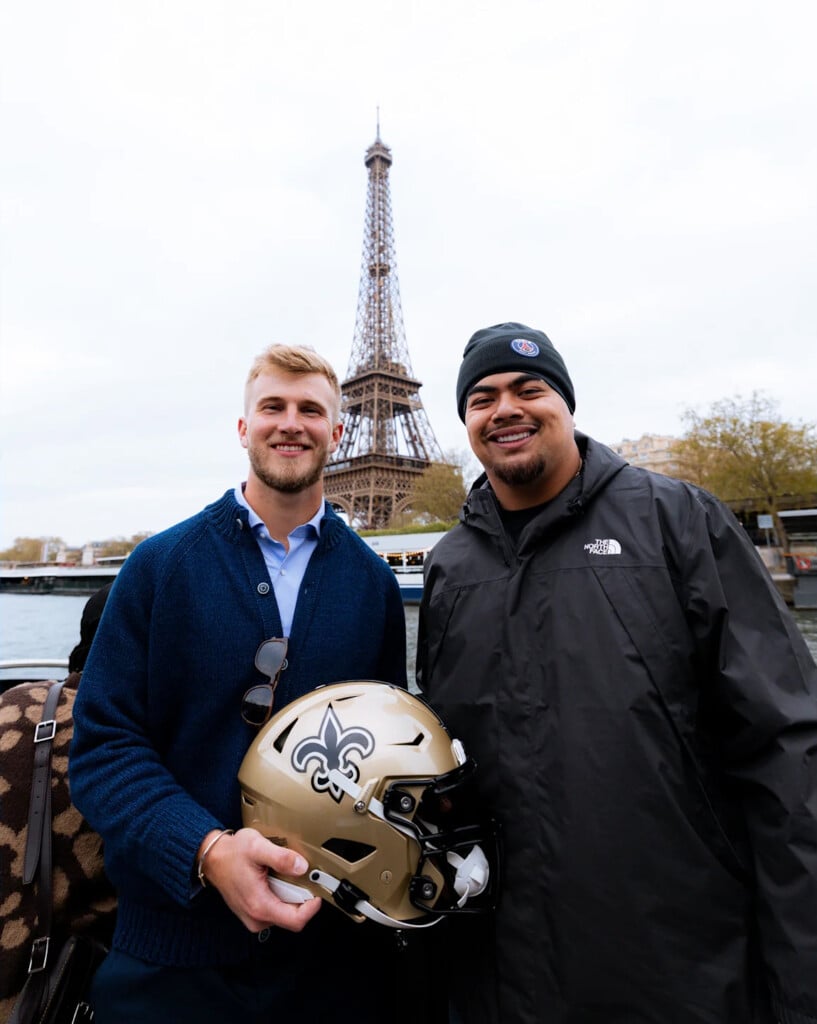 New Orleans Saints Quarterback Tyler Shough and tackle Taliese Fuaga in Paris, France