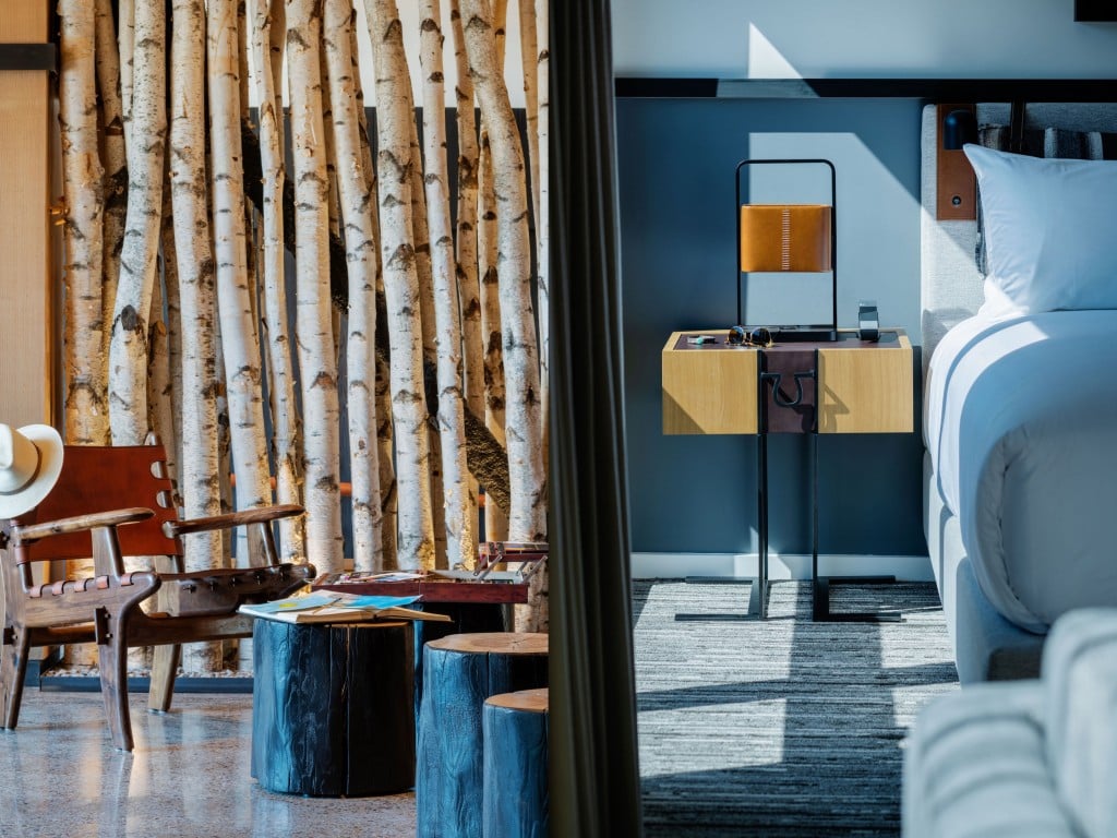 Design details curated from Cloudveil’s natural surroundings include aspen trees in the lobby and log-section side tables. Guest rooms were designed with large windows to allow natural light to flow inside.