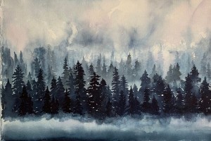 Foggy Sierra Morning Watercolor On Paper 25x28 By Kathryn Dudley