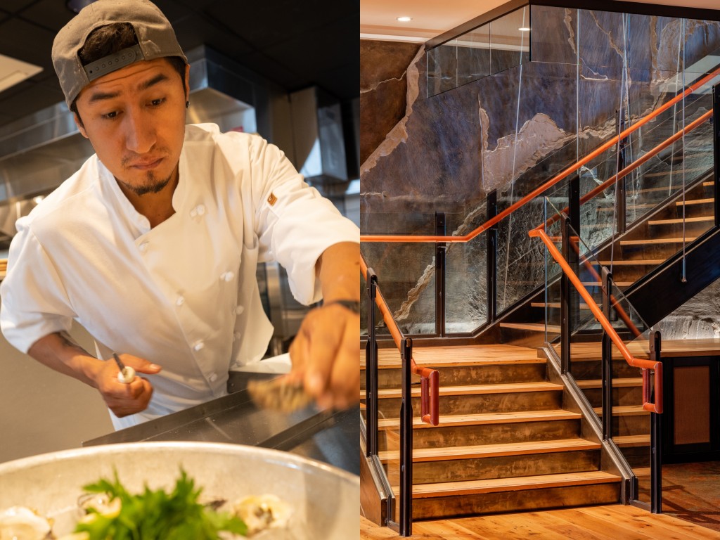 LEFT: The Bistro at The Cloudveil serves Parisian-style dining for breakfast, lunch or dinner. RIGHT: A 30-foot-tall rock slab provides an interesting backdrop in the lobby.