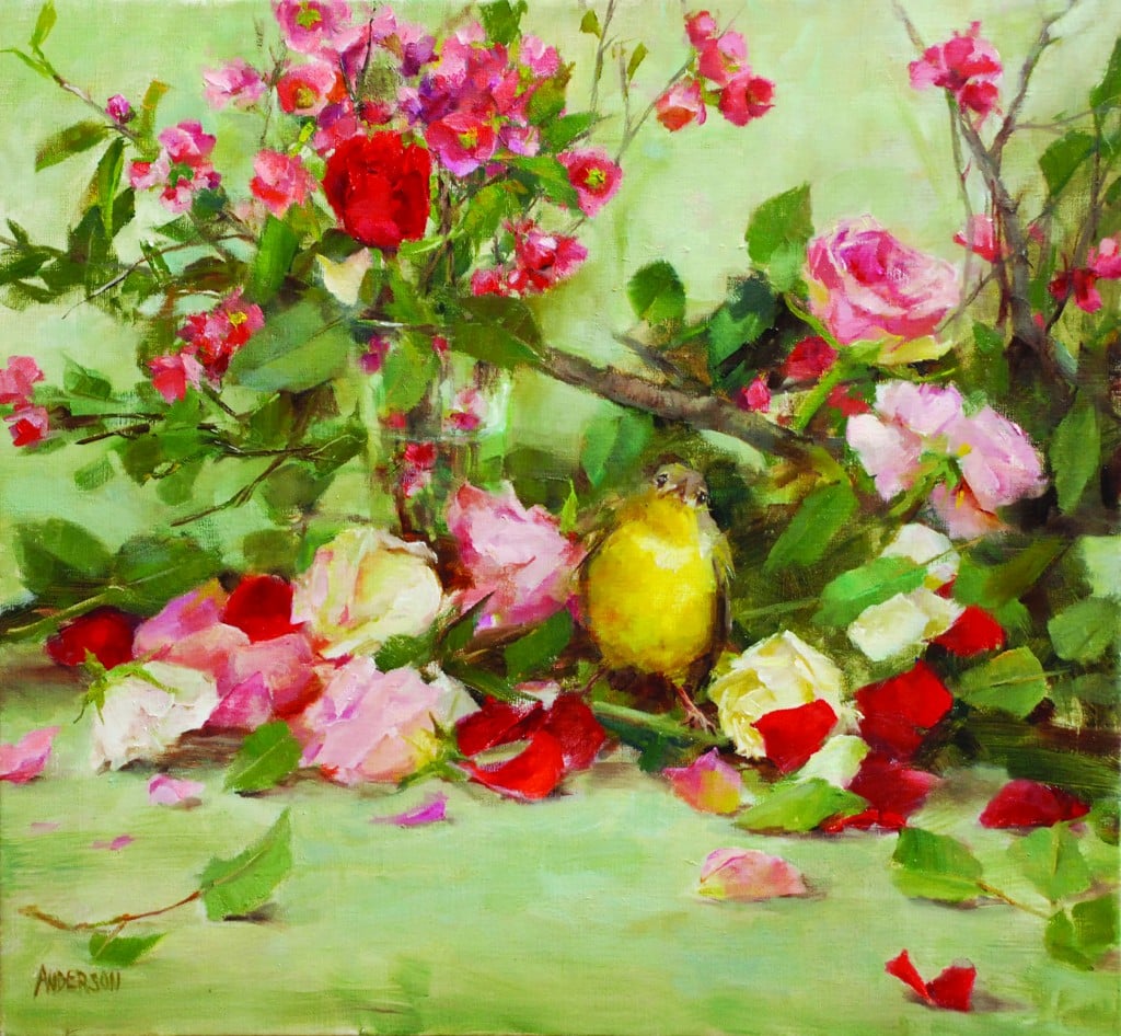 Warbler With Roses And Quince 15x16