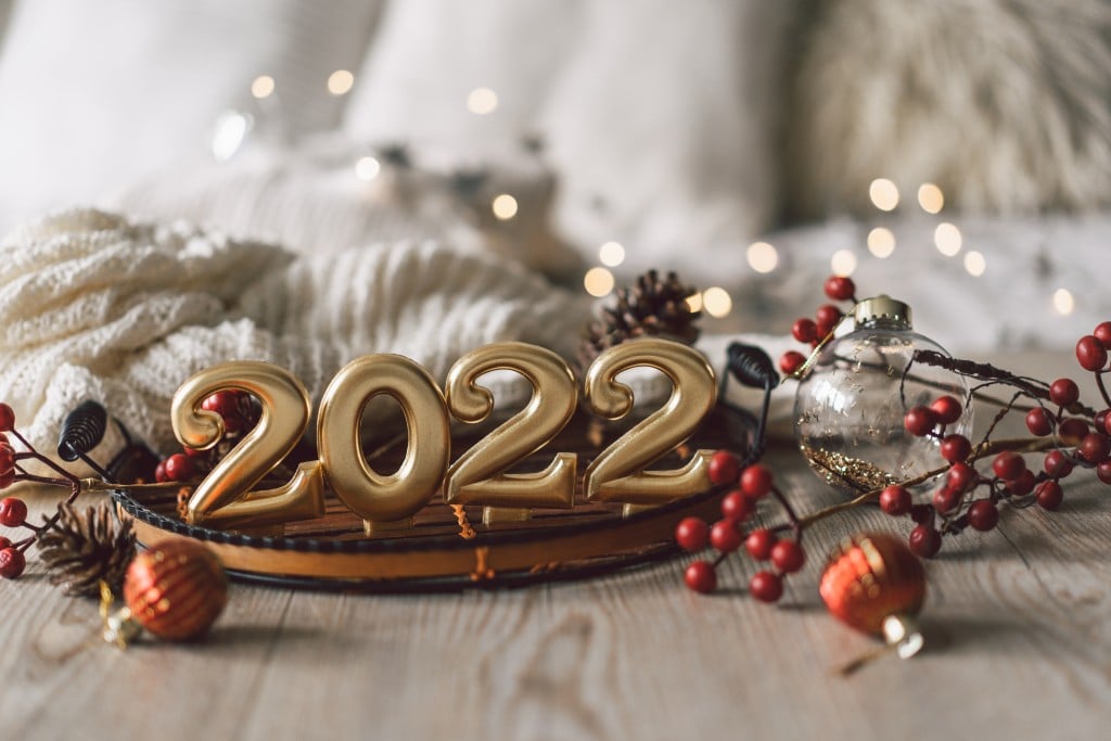 Happy New Years 2022. Christmas Background With Fir Tree, Cones And Christmas Decorations. Christmas Holiday Celebration.