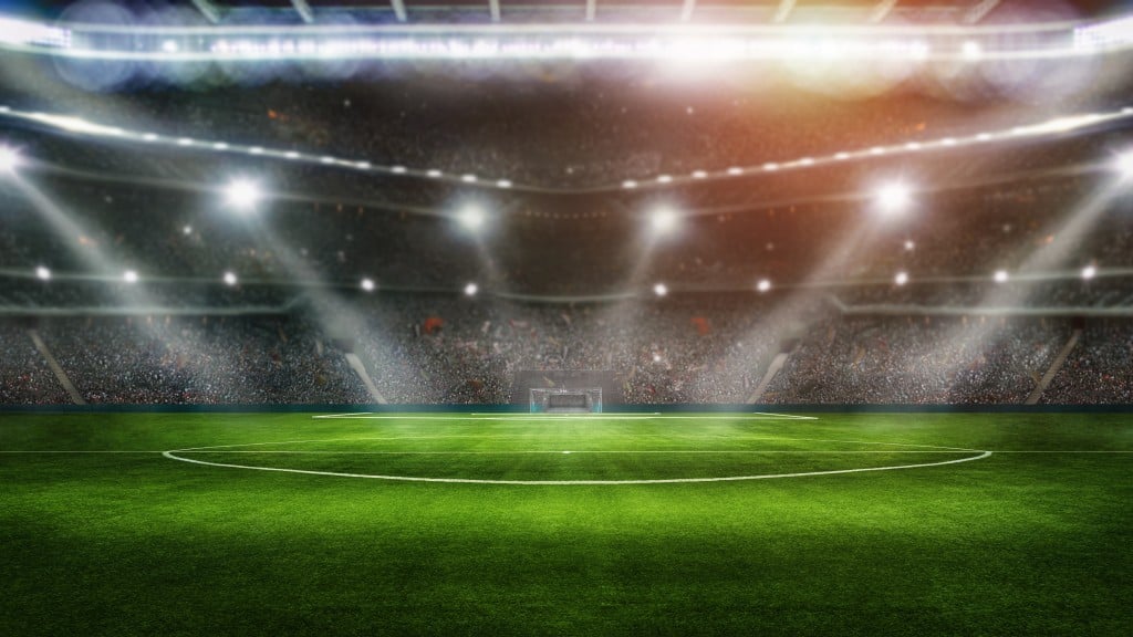 Sport Background Green Field In Soccer Stadium. Ready For Game In The Midfield, 3d Illustration