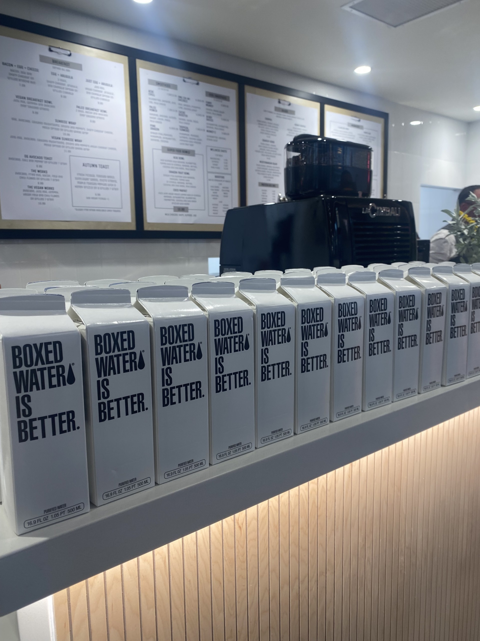 You can order boxed water as well as fresh made juices at the juice bar