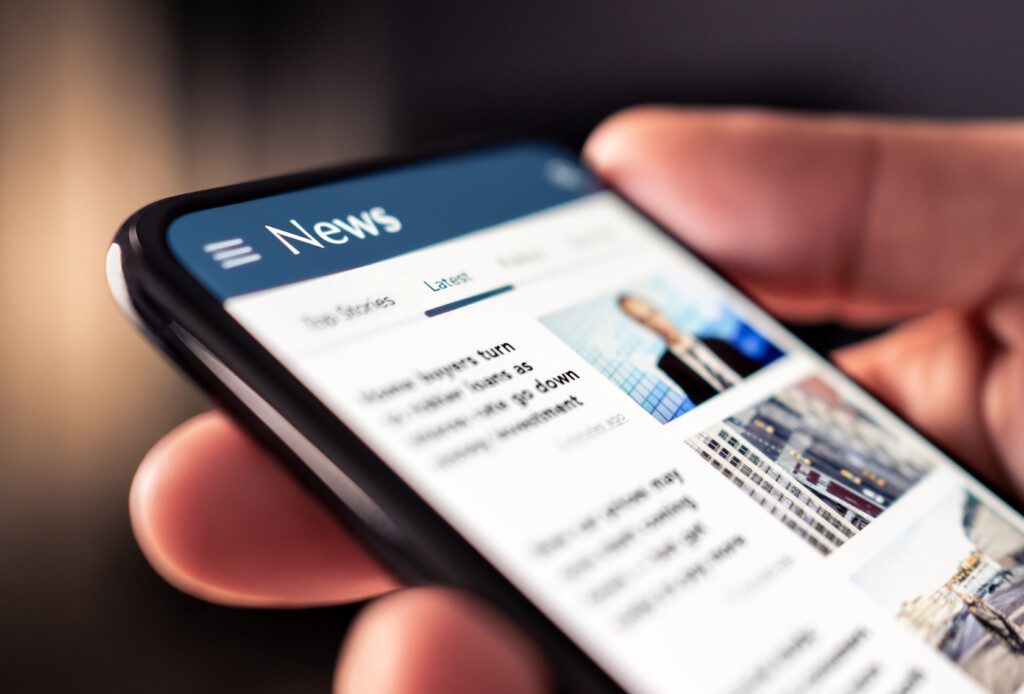 News Online In Phone. Reading Newspaper From Website. Digital Publication And Magazine Mockup. Press Feed With Latest Headlines In Digital Web Portal.