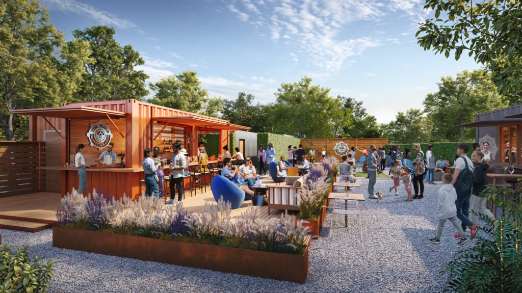A rendering of an outdoor beer garden.