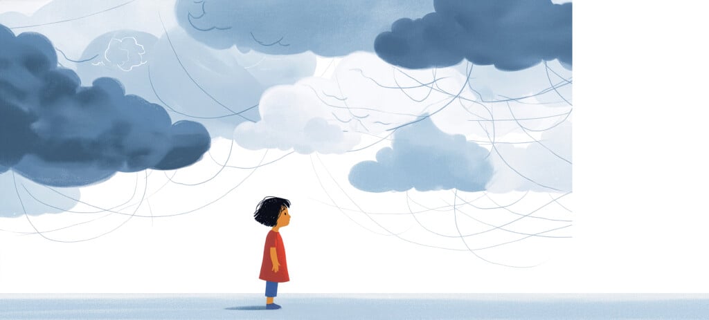 A Toddler Stands Under Dark Clouds, Representing Emotional Turmoil, Fear, And Confusion During A Developmental Crisis, Evoking Themes Of Stress, Parenting, And Mental Health.