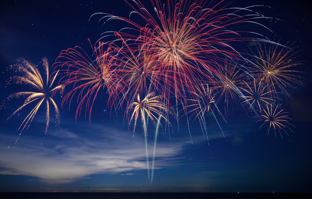 Stunning Fireworks Illuminate The Night Sky Over The Ocean, Symbolizing Celebration, Hope, And The Excitement Of Welcoming 2026 With Bright New Beginnings.