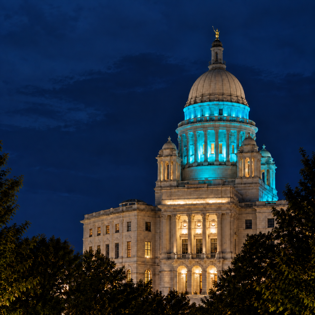 The RI State House dome at night with teal lights shining on the dome.