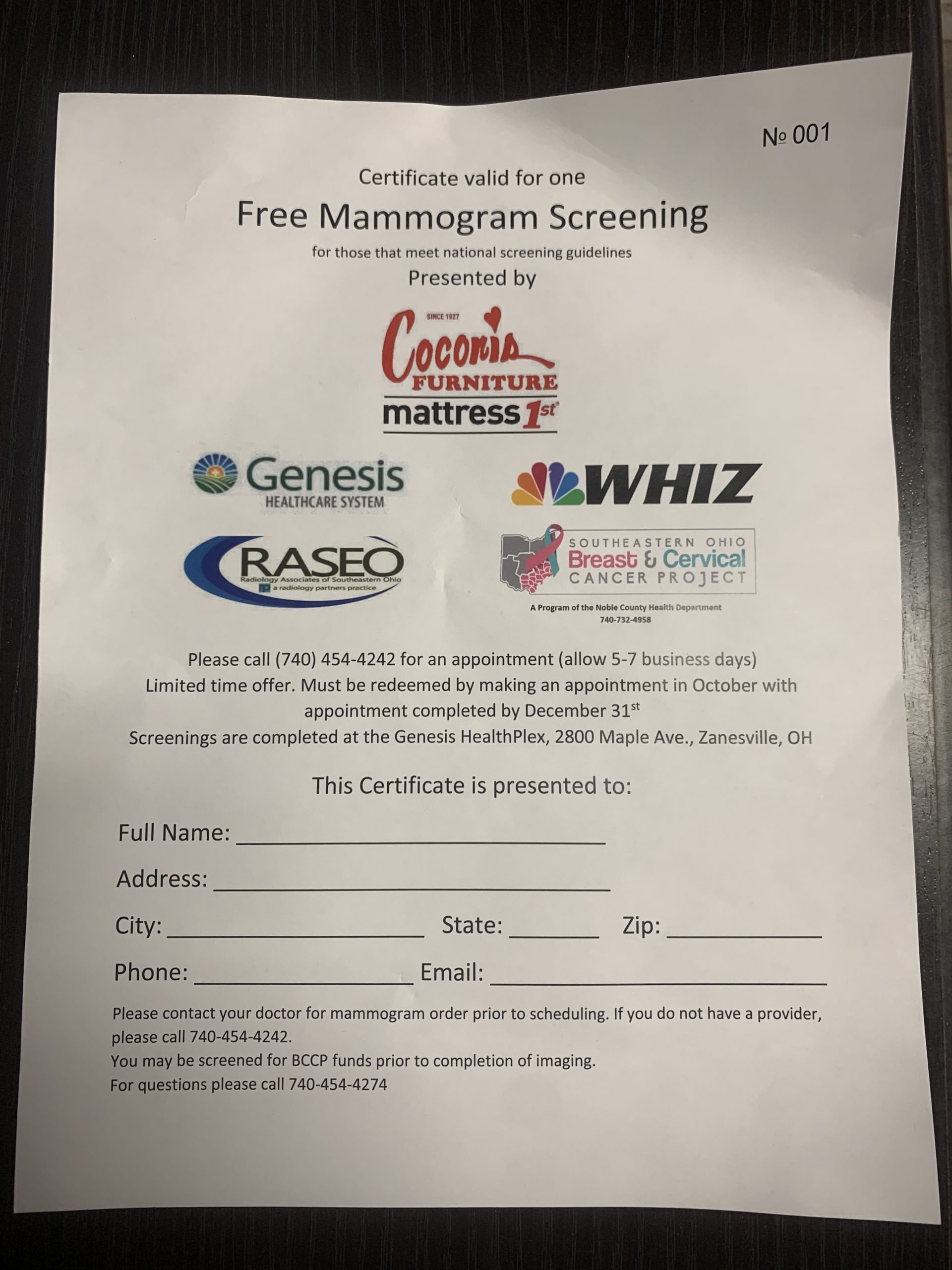 Genesis, Coconis and WHIZ Team To Provide Mammograms WHIZ Fox 5