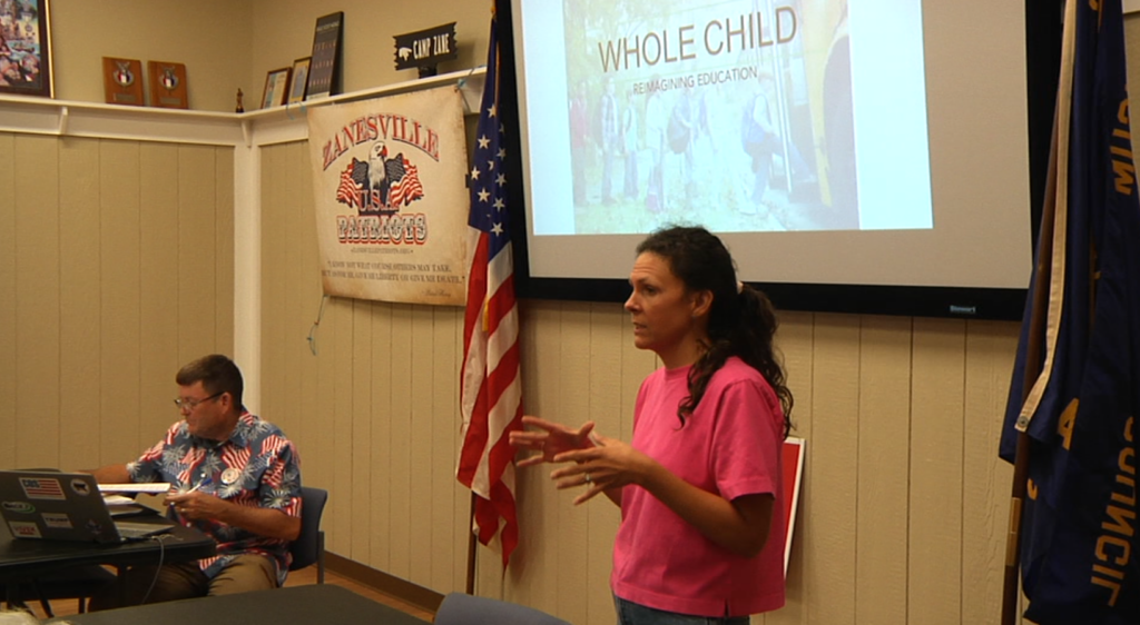 Elizabeth Margolius speaking at the Zanesville Patriots meeting on Aug. 13.