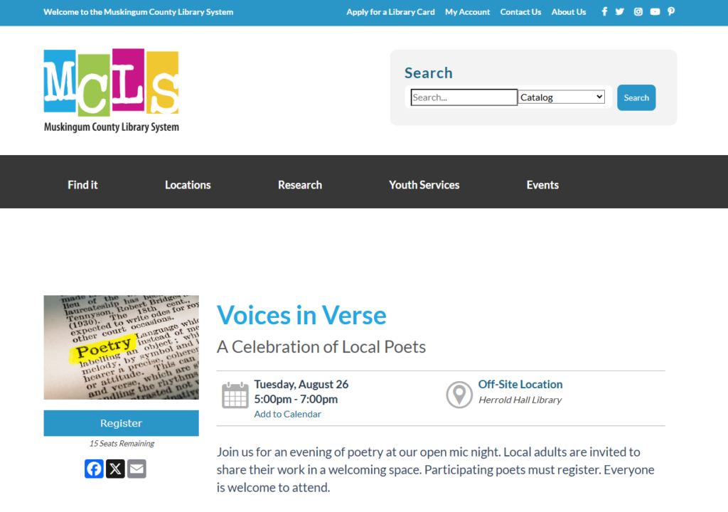 The event registry page for the Muskingum County Library System's "Voices in Verse" event. The event provides a safe space for sharing personal works of poetry.