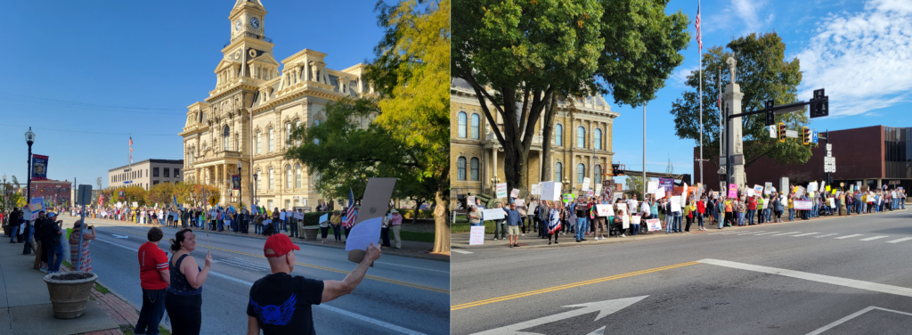The No Kings protests in Zanesville (left) and Cambridge (right) outside of their respective courthouses. Protesters rallied on Saturday to voice concerns over the actions of the Trump Administration.