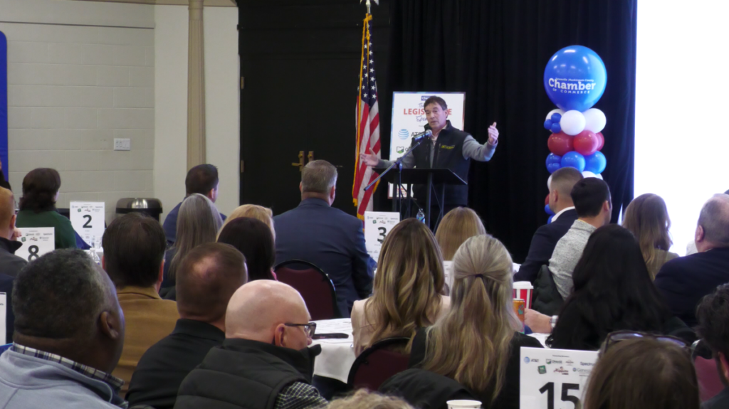 U.S. Rep. Troy Balderson speaking at the Legislative Breakfast hosted by the Zanesville-Muskingum Chamber of Commerce.