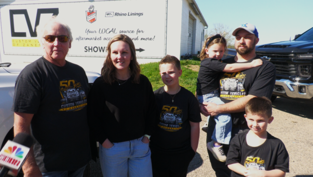 Owner and founder of Custom Vehicles of Zanesville, Darryl Mast joined by his daughter, Olivia Pryzbyl and her family. Her husband, Matt Pryzbyl, their son, Colt, their daughter, Reagan, and their son, Cam.