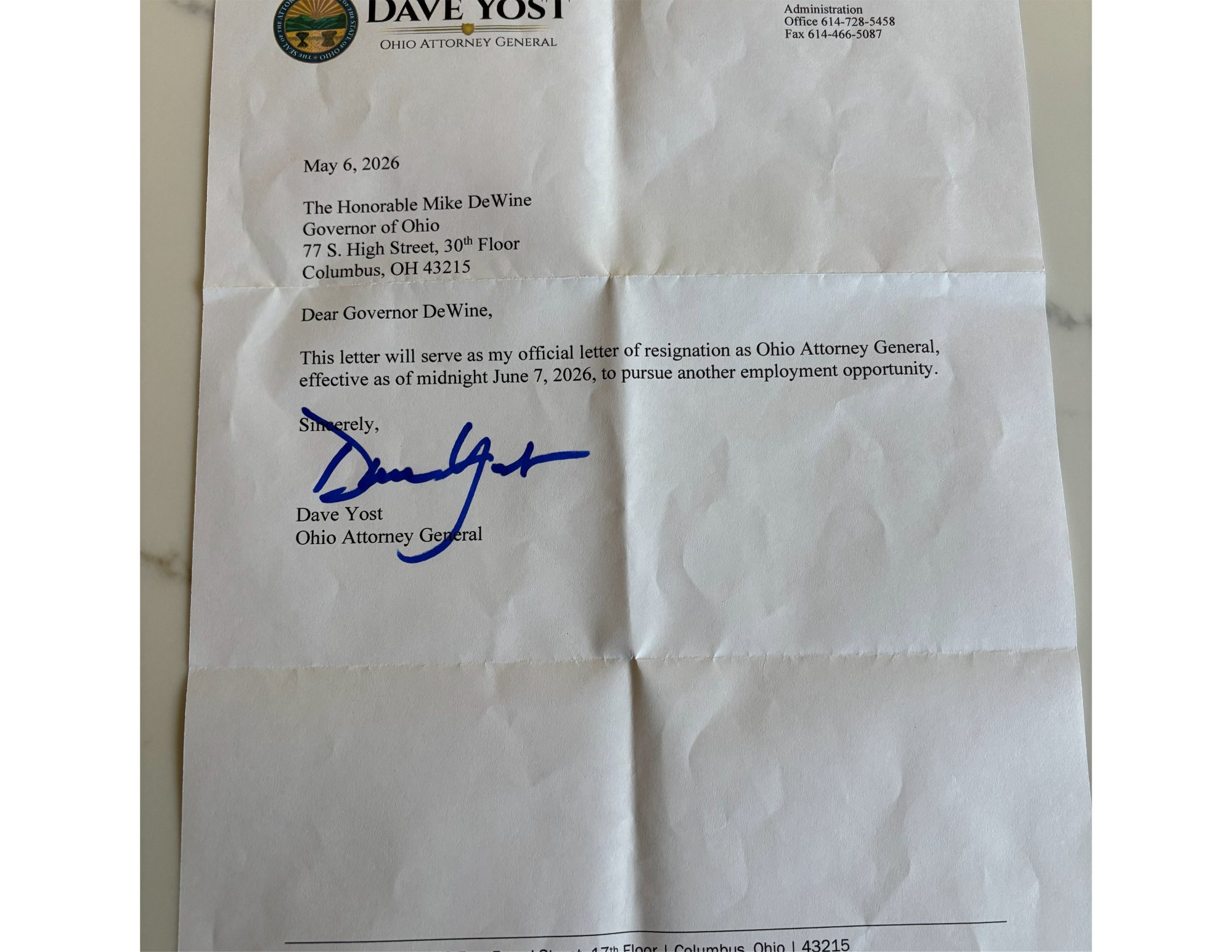 Gov. Mike DeWine accepts resignation from Attorney General Dave